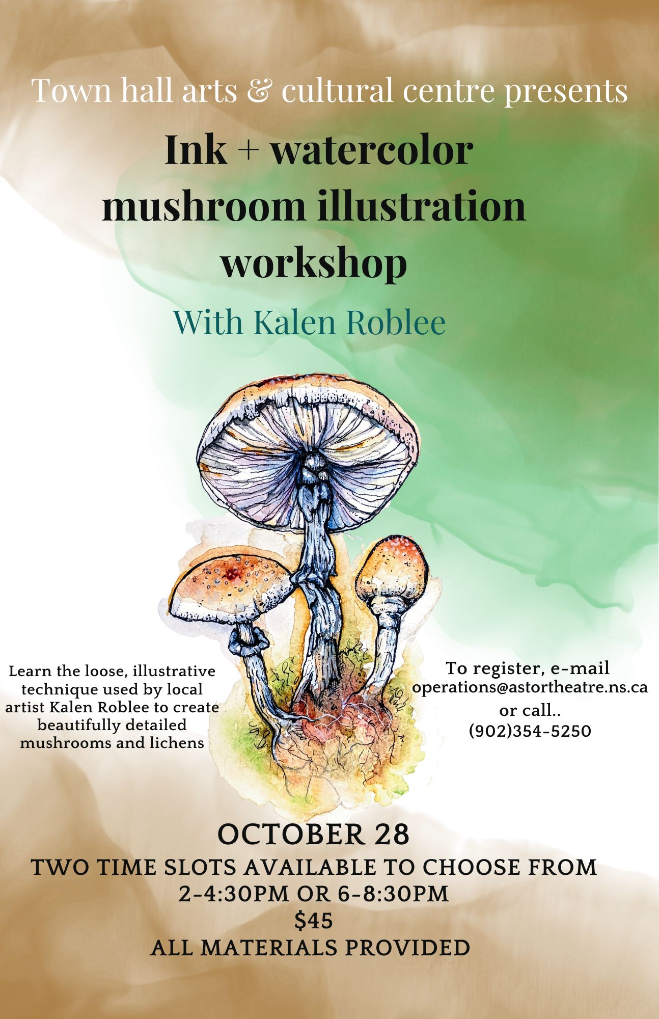 Ink + watercolour mushroom illustration workshop with Kalen Roblee @ Town Hall Arts & Cultural Centre